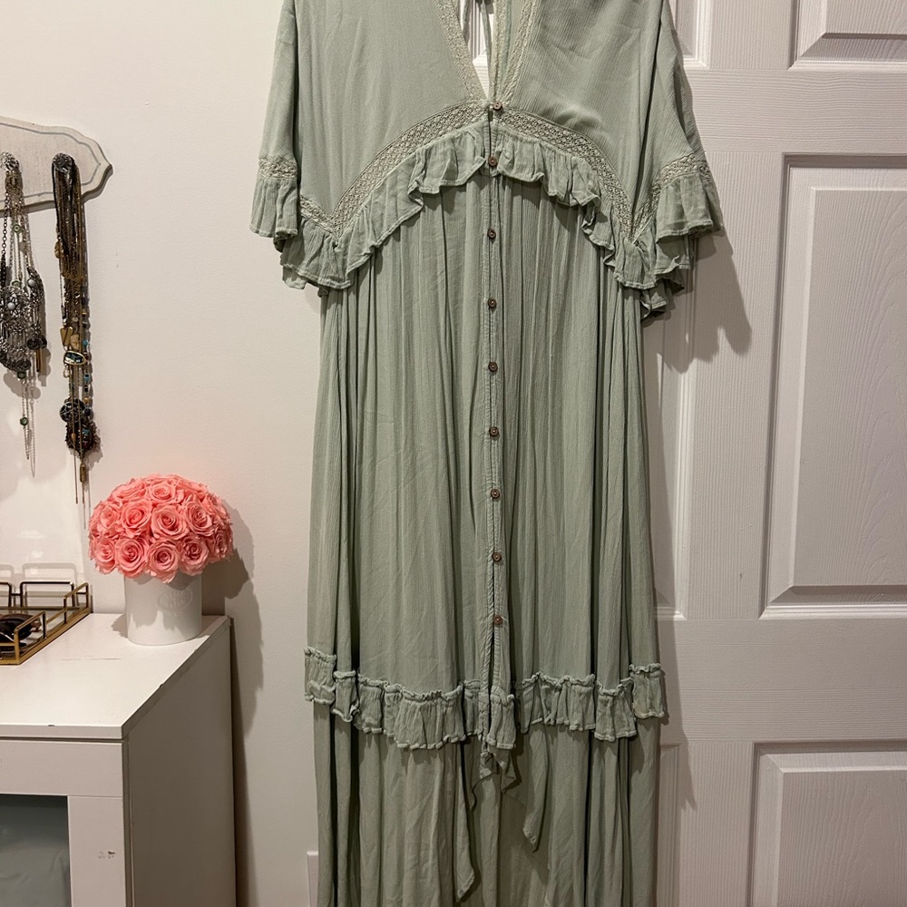 Free People Sage Green Ruffle Maxi Dress